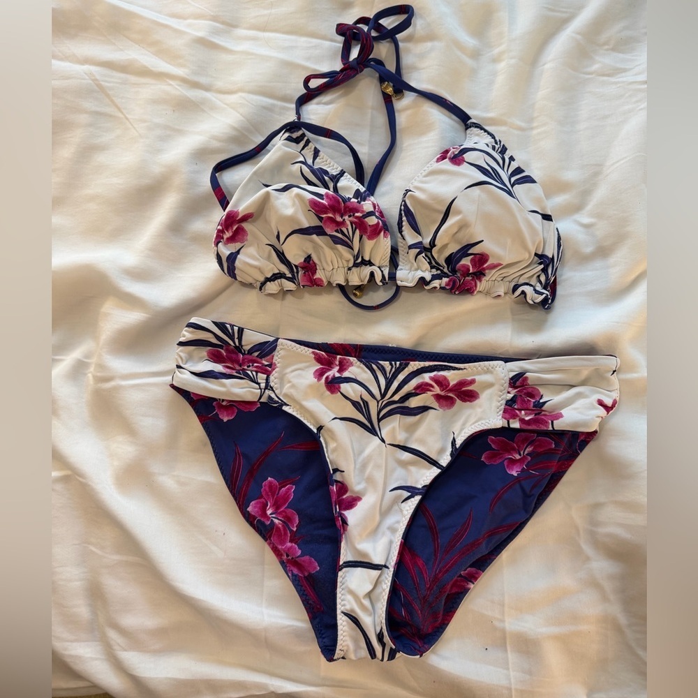 Floral Bikini Set with Red and Blue Accents